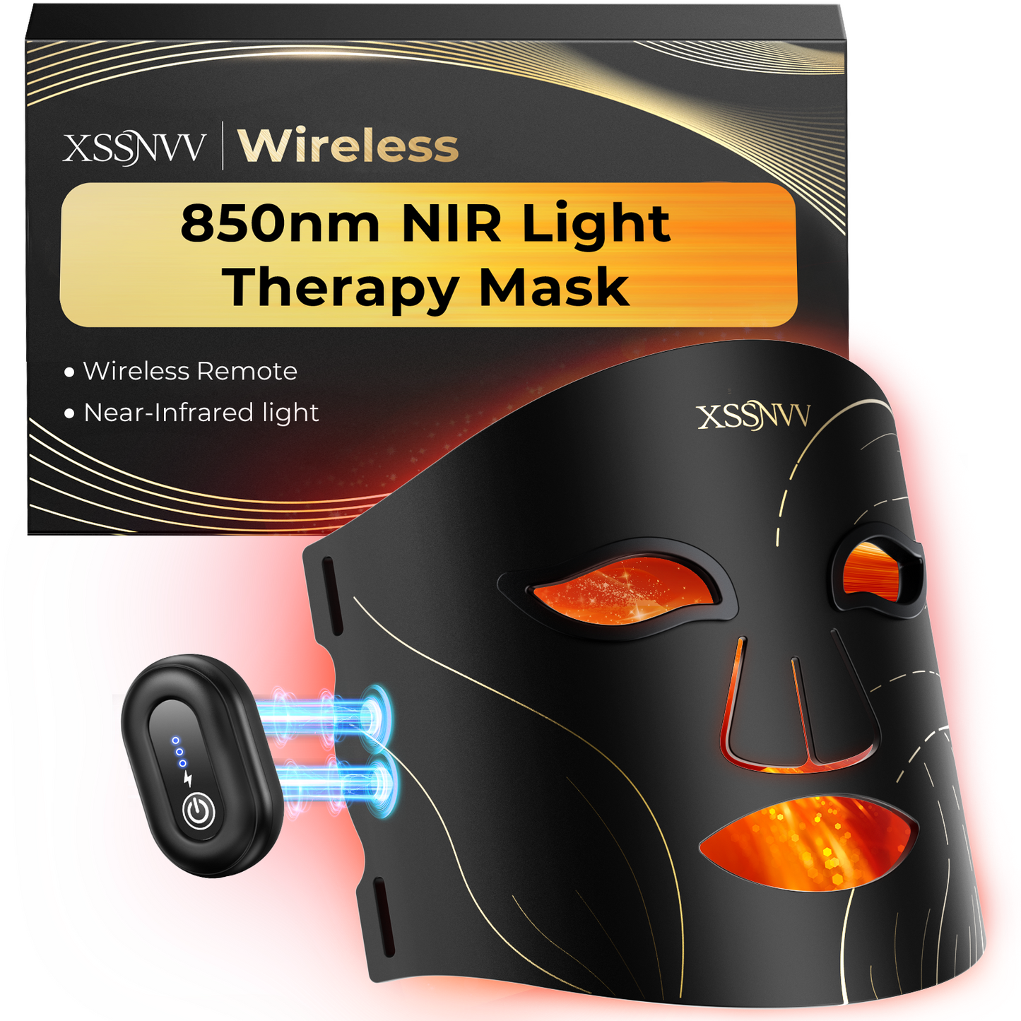 XSSNVV Masque LED Visage Sans Fil avec Refroidissement, 4 Modes Masque Luminothérapie Lumière Rouge & Infrarouge 850 nm, LED Mask, Télécommande, Autonomie 60 min, Réglable, avec Couvre-yeux, NVV03