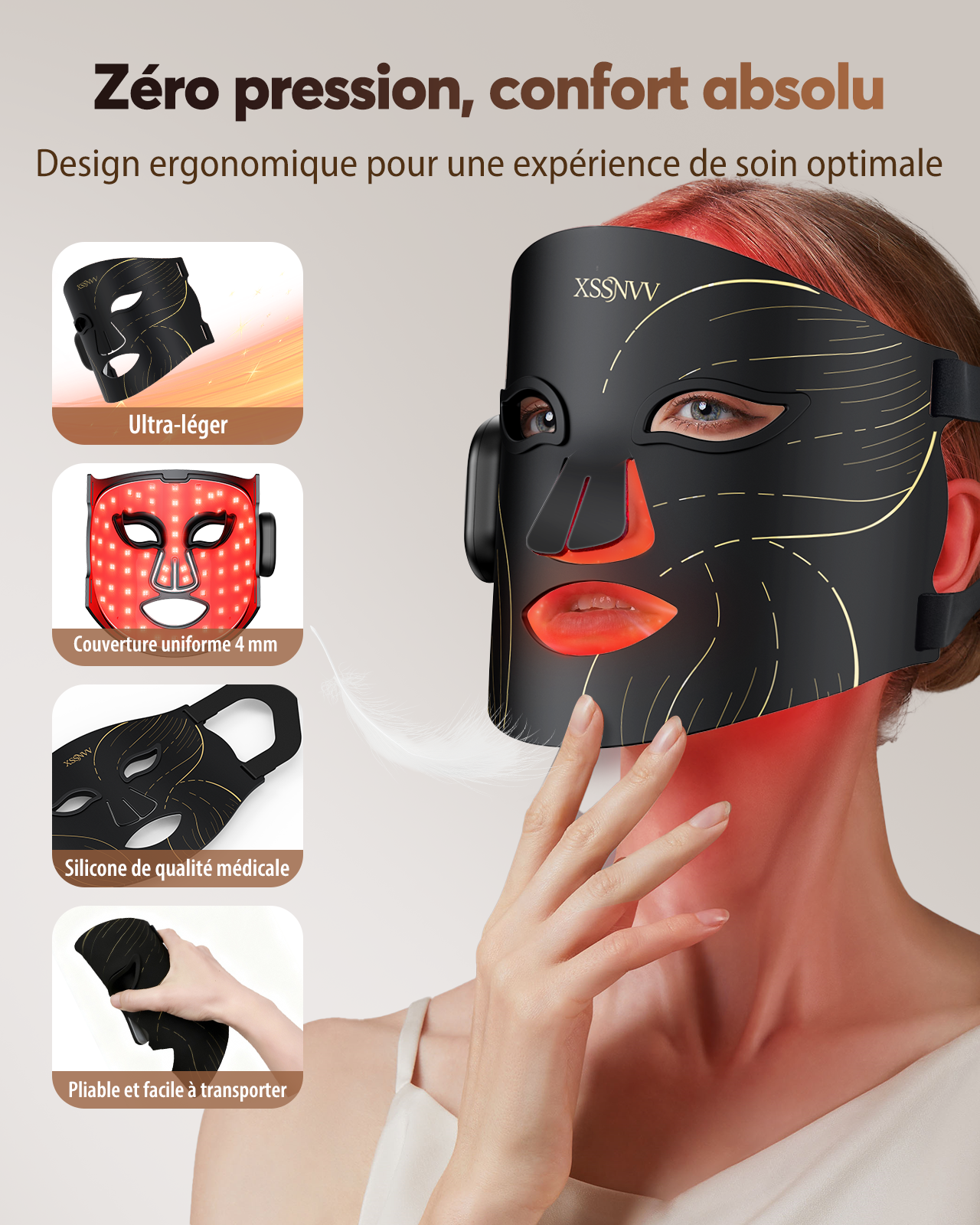 XSSNVV Masque LED Visage Sans Fil, 4 Modes Masque Luminothérapie Lumière Rouge & Infrarouge 850 nm, LED Mask, Télécommande, Autonomie 60 min, Réglable, avec Couvre-yeux