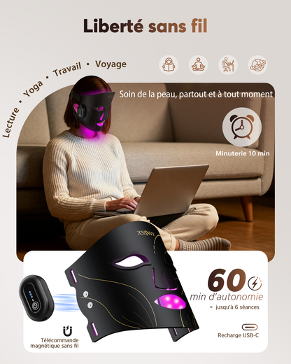 XSSNVV Masque LED Visage Sans Fil avec Refroidissement, 4 Modes Masque Luminothérapie Lumière Rouge & Infrarouge 850 nm, LED Mask, Télécommande, Autonomie 60 min, Réglable, avec Couvre-yeux, NVV03