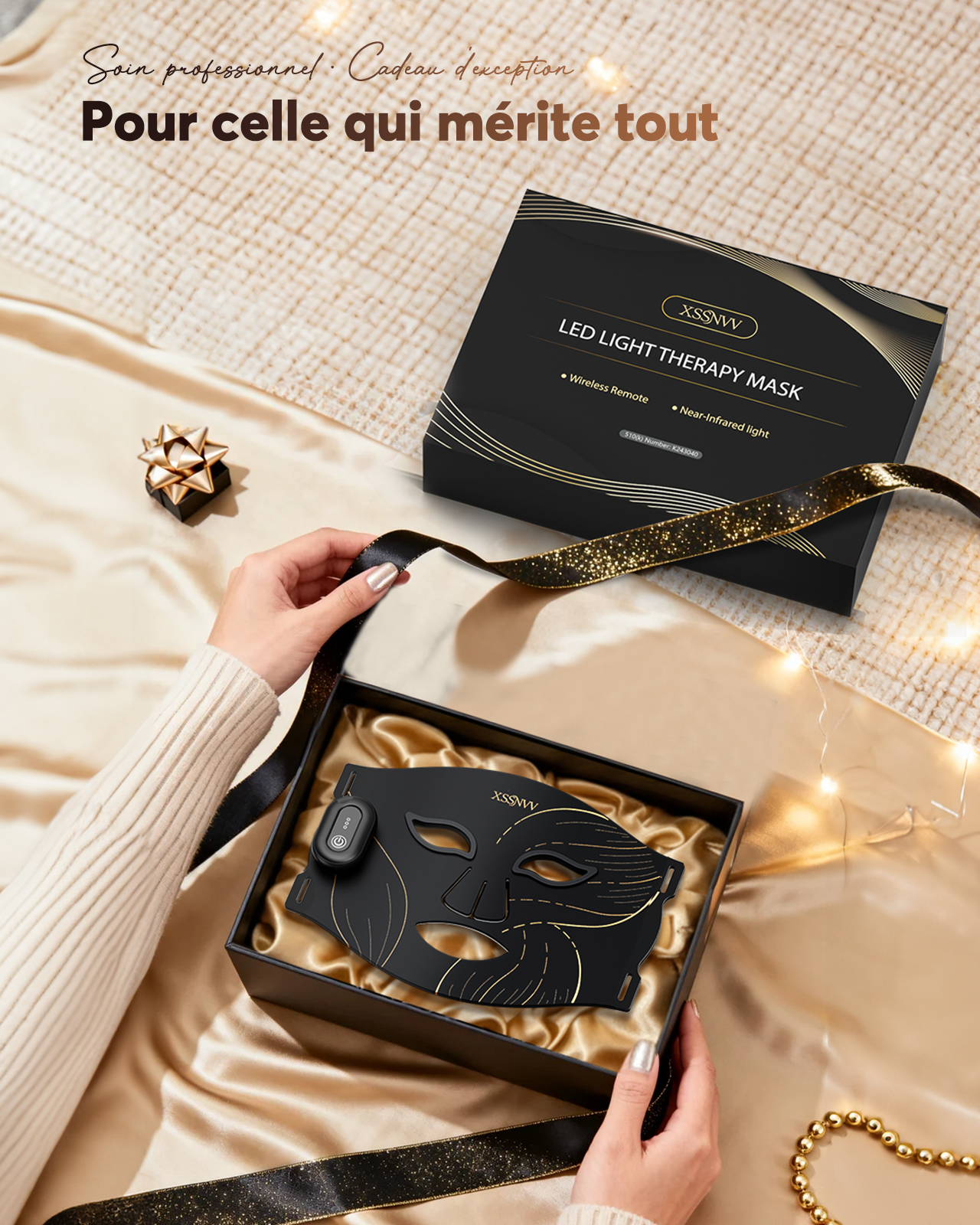 XSSNVV Masque LED Visage Sans Fil, 4 Modes Masque Luminothérapie Lumière Rouge & Infrarouge 850 nm, LED Mask, Télécommande, Autonomie 60 min, Réglable, avec Couvre-yeux